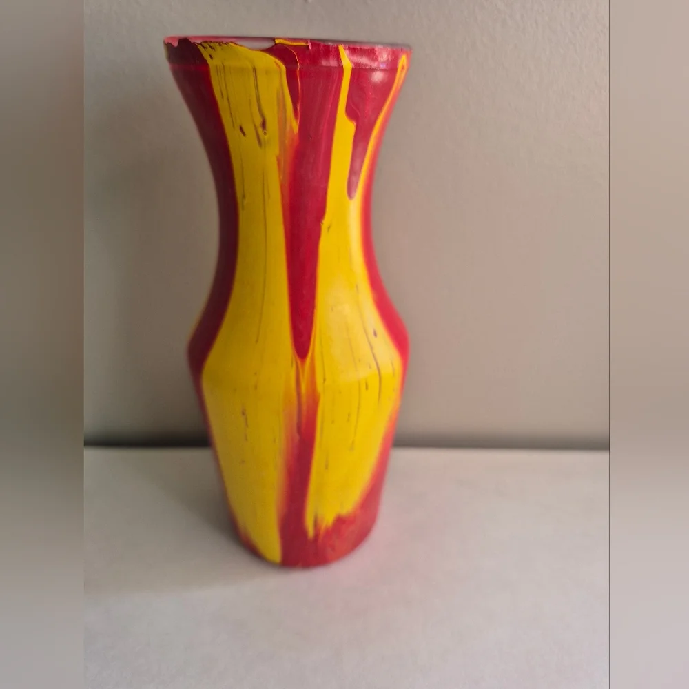 Floral Arrangement in Red and Yellow Vase Hand Poured